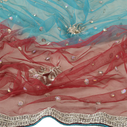 Sanskriti Vintage Dupatta Long Stole Net Mesh Maroon Scarves Hand Beaded Hijab