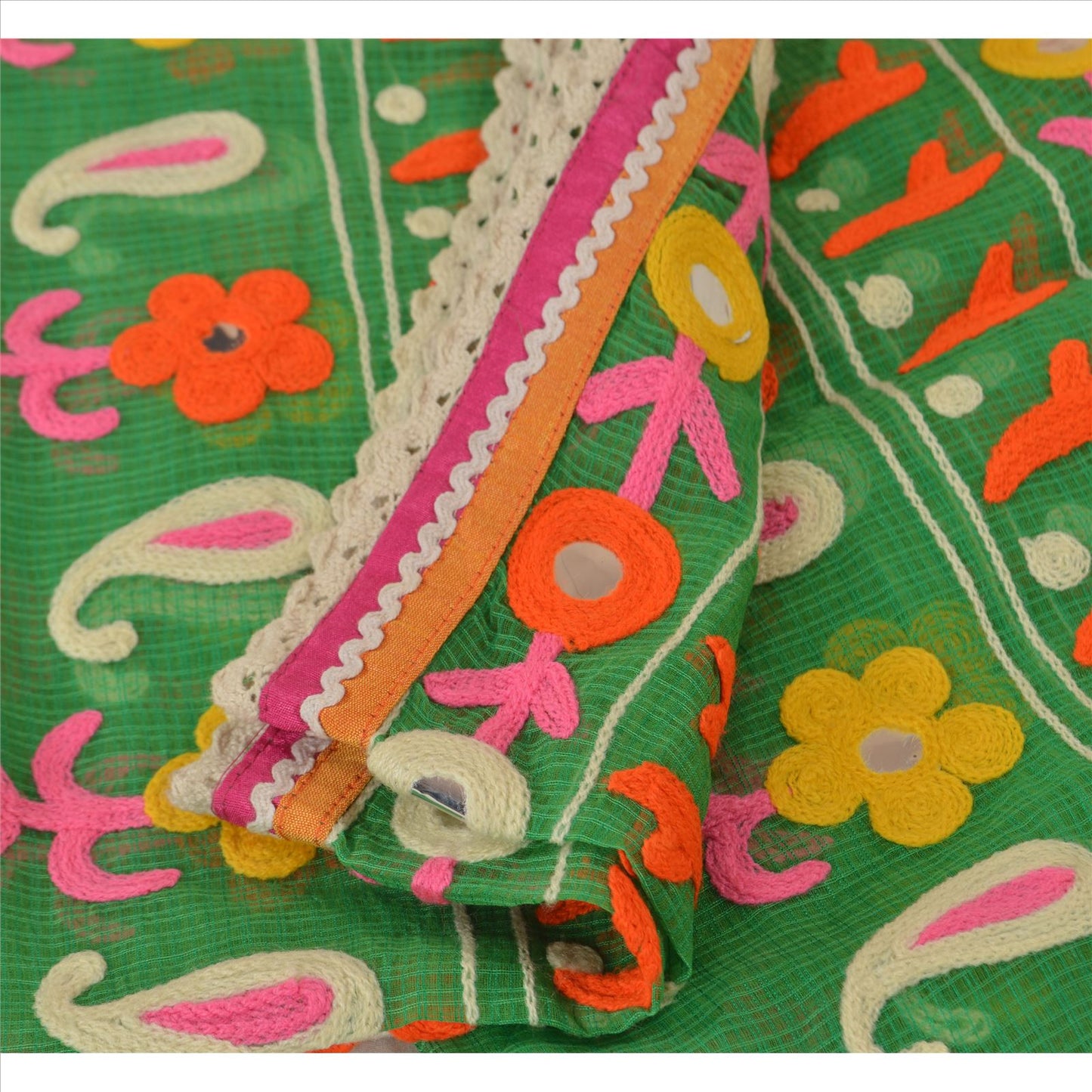 Sanskriti Vintage Dupatta Long Stole Cotton Green Hijab Hand Embroidered Kota Scarves
