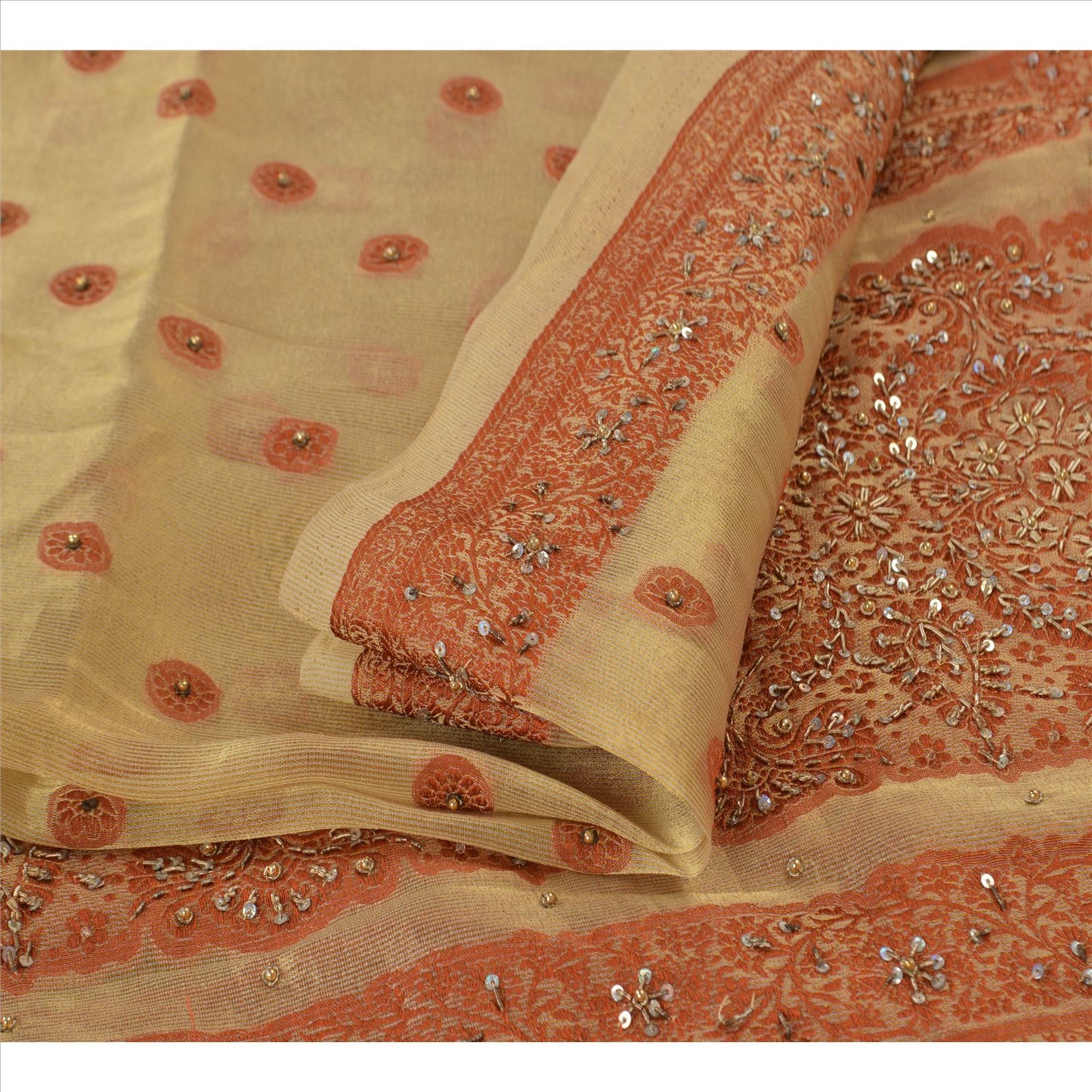 Sanskriti Vintage Dupatta Long Stole Art Silk Golden Hand Beaded Woven Wrap Hijab