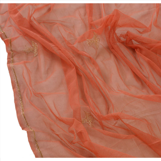 Sanskriti Vintage Dupatta Long Stole Net Mesh Peach Hijab Hand Beaded Scarves