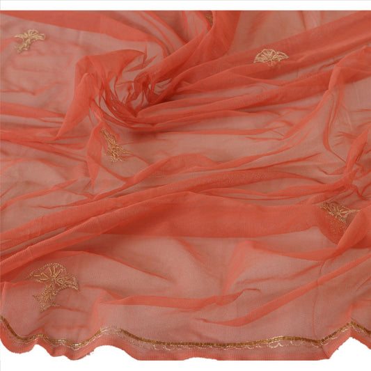 Sanskriti Vintage Dupatta Long Stole Net Mesh Peach Hijab Hand Beaded Scarves