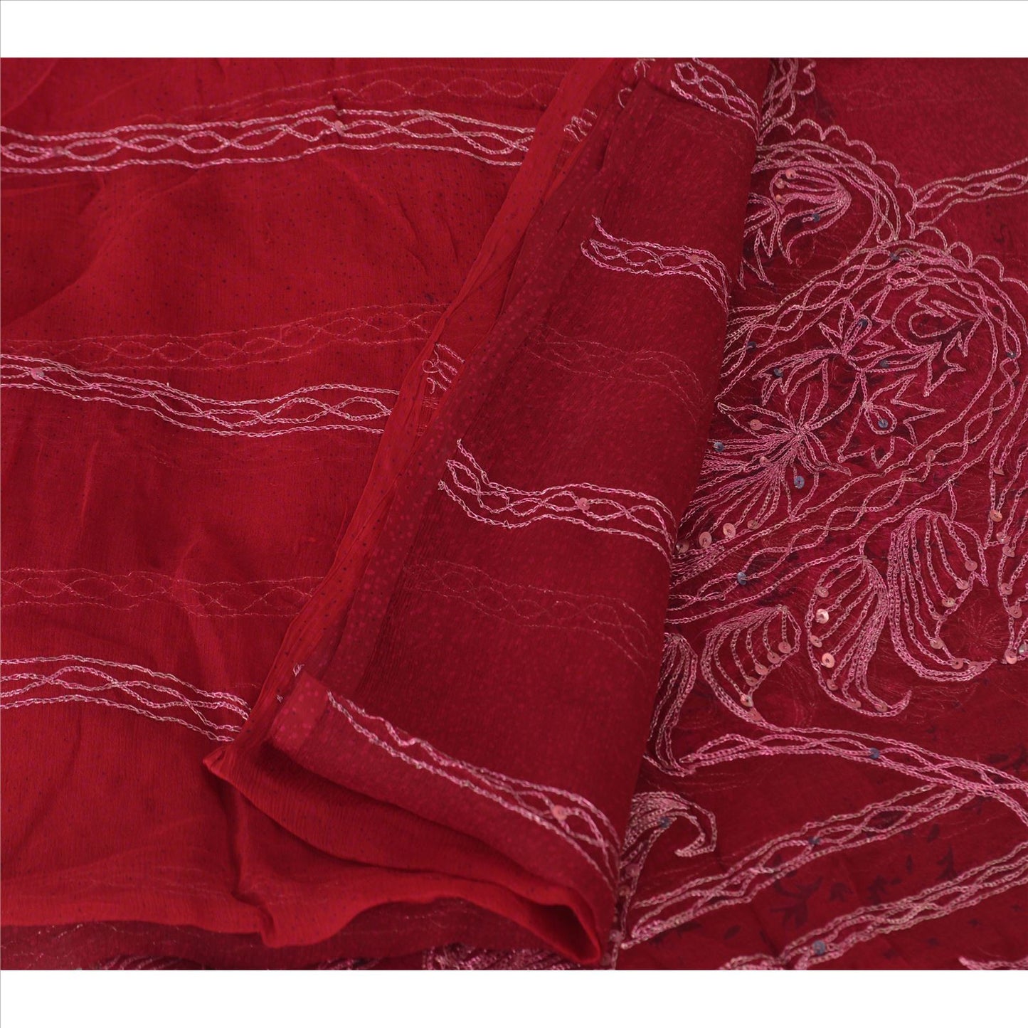 Sanskriti Vintage Dupatta Long Stole Chiffon Silk Maroon Hand Beaded Wrap Veil