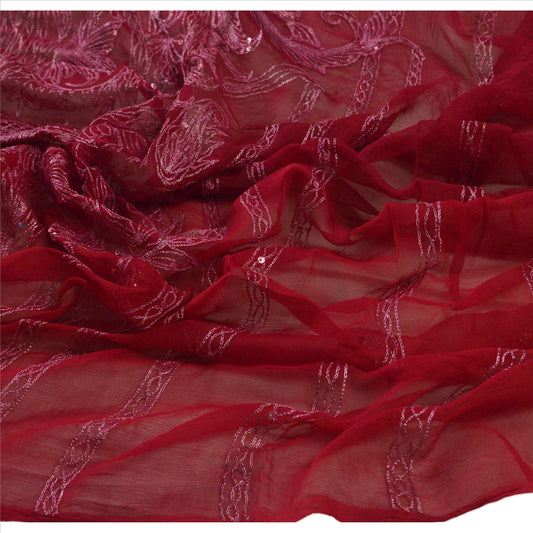 Sanskriti Vintage Dupatta Long Stole Chiffon Silk Maroon Hand Beaded Wrap Veil