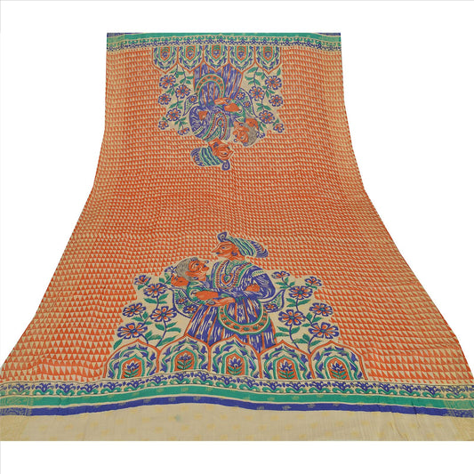 Sanskriti Vintage New Dupatta Long Stole 100% Pure Silk Cream Scarves Human Printed Wrap Hijab