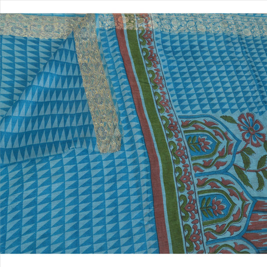 Sanskriti Vintage 100% Pure Tassar Silk Long Stole Dupatta Blue Scarves Printed Wrap Veil