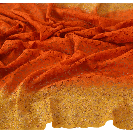 Sanskriti Vintage Dupatta Long Stole Net Mesh Orange Wrap Veil Hand Beaded Shawl Scarves