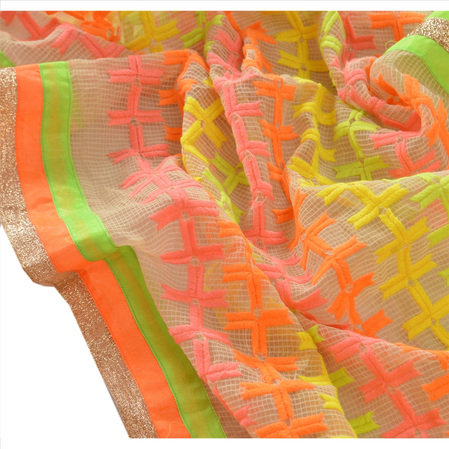 Sanskriti Vintage Dupatta Long Stole Cotton Cream Embroidered Wrap Scarves