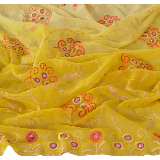 Sanskriti Vintage Dupatta Long Stole Georgette Yellow Embroidered Wrap Scarves