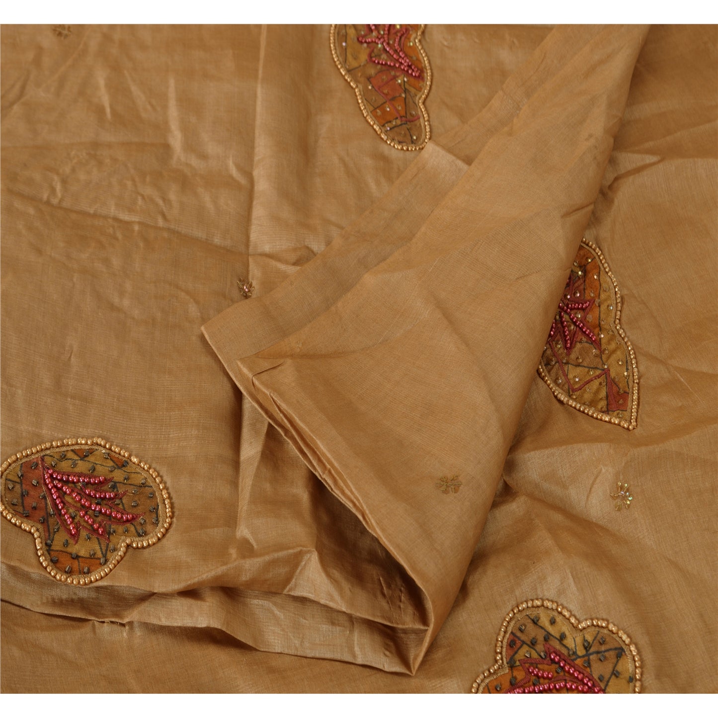 Sanskriti Vintage Dupatta Long Stole 100% Pure Silk Brown Hand Beaded Wrap Veil