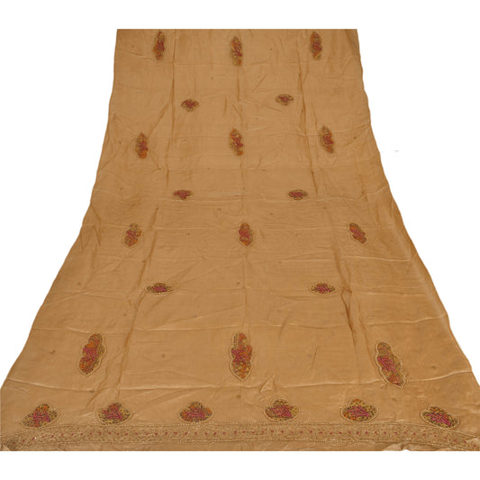 Sanskriti Vintage Dupatta Long Stole 100% Pure Silk Brown Hand Beaded Wrap Veil