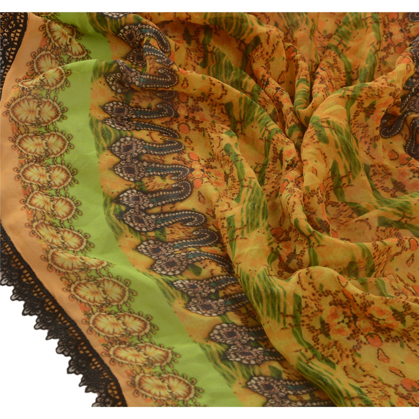 Sanskriti Vintage Dupatta Long Stole Georgette Yellow Digital Printed Wrap Veil