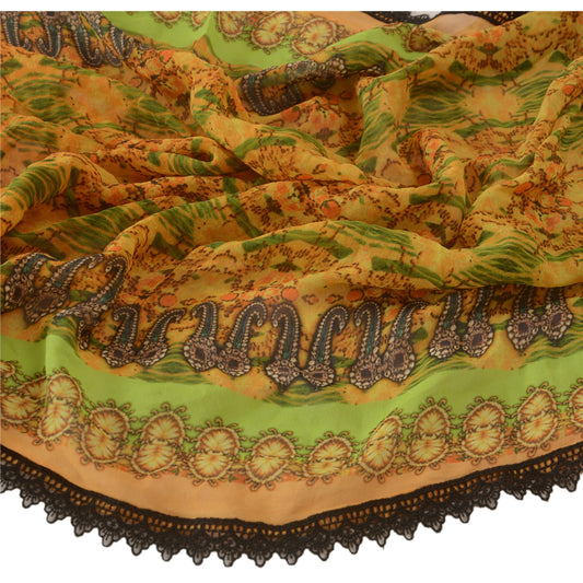 Sanskriti Vintage Dupatta Long Stole Georgette Yellow Digital Printed Wrap Veil