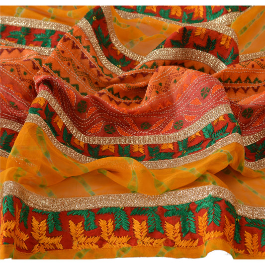 Sanskriti Vintage Dupatta Long Stole Georgette Saffron Hand Beaded Leheria Wrap Veil