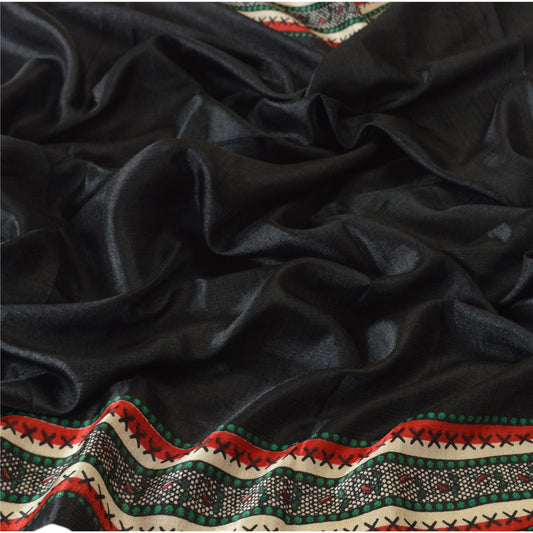 Sanskriti Vintage Dupatta Long Stole Art Silk Black Hijab Printed Shawl Scarves