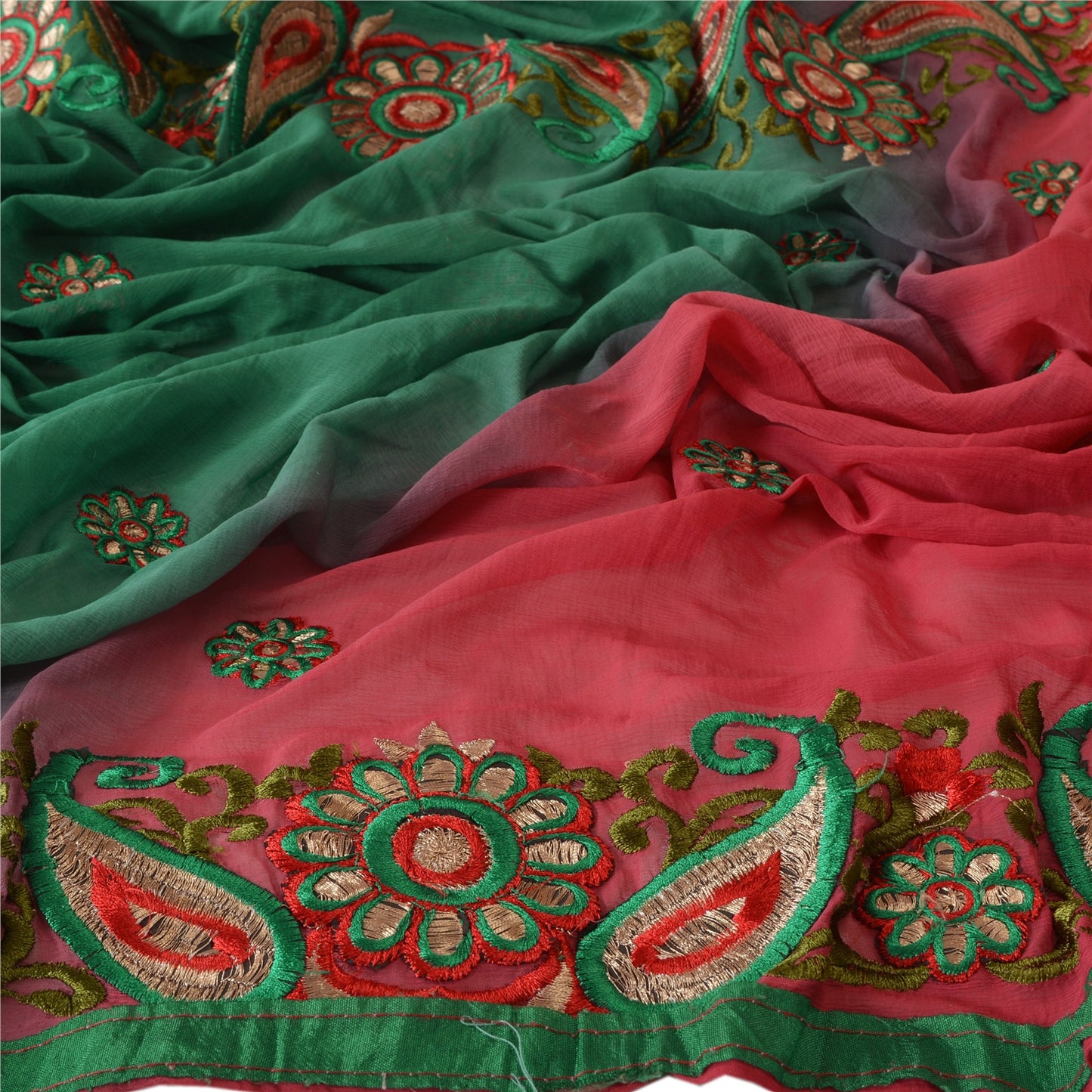 Sanskriti Vintage Dupatta Long Stole Chiffon Silk Green Scarves Embroidered Veil