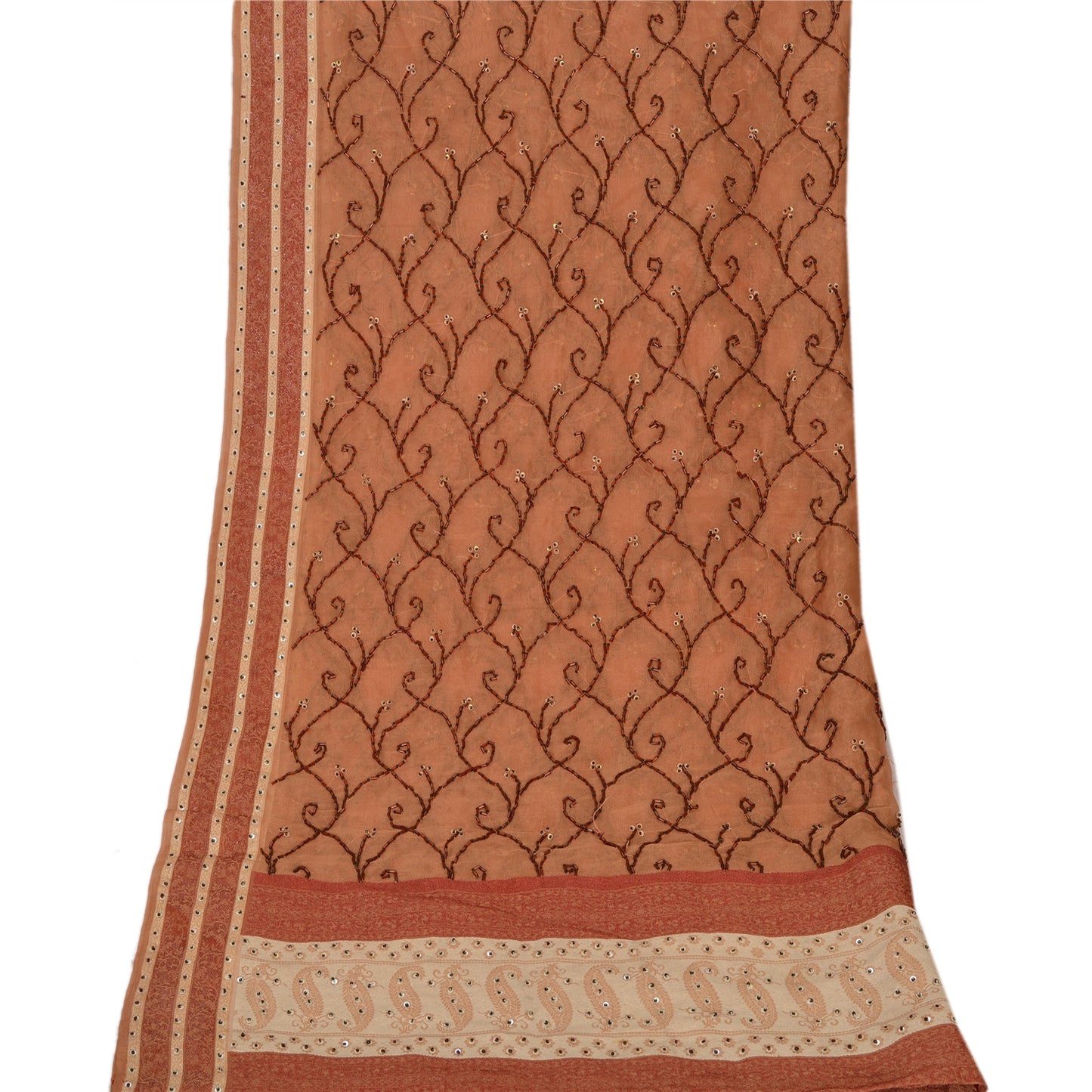 Sanskriti Vintage Dupatta Long Stole Art Silk Peach Hand Beaded Woven Wrap Veil