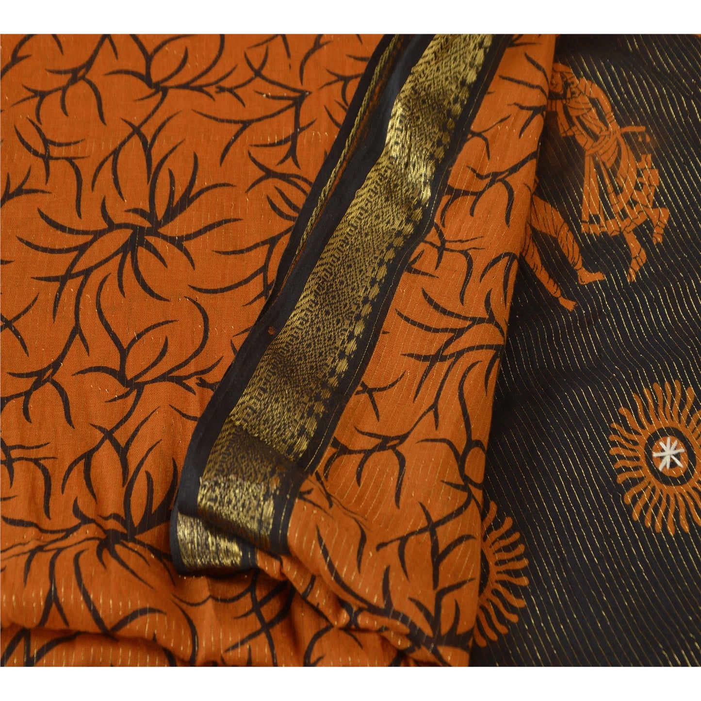 Sanskriti Vintage Dupatta Long Stole Cotton Orange Shawl Printed Wrap Scarves