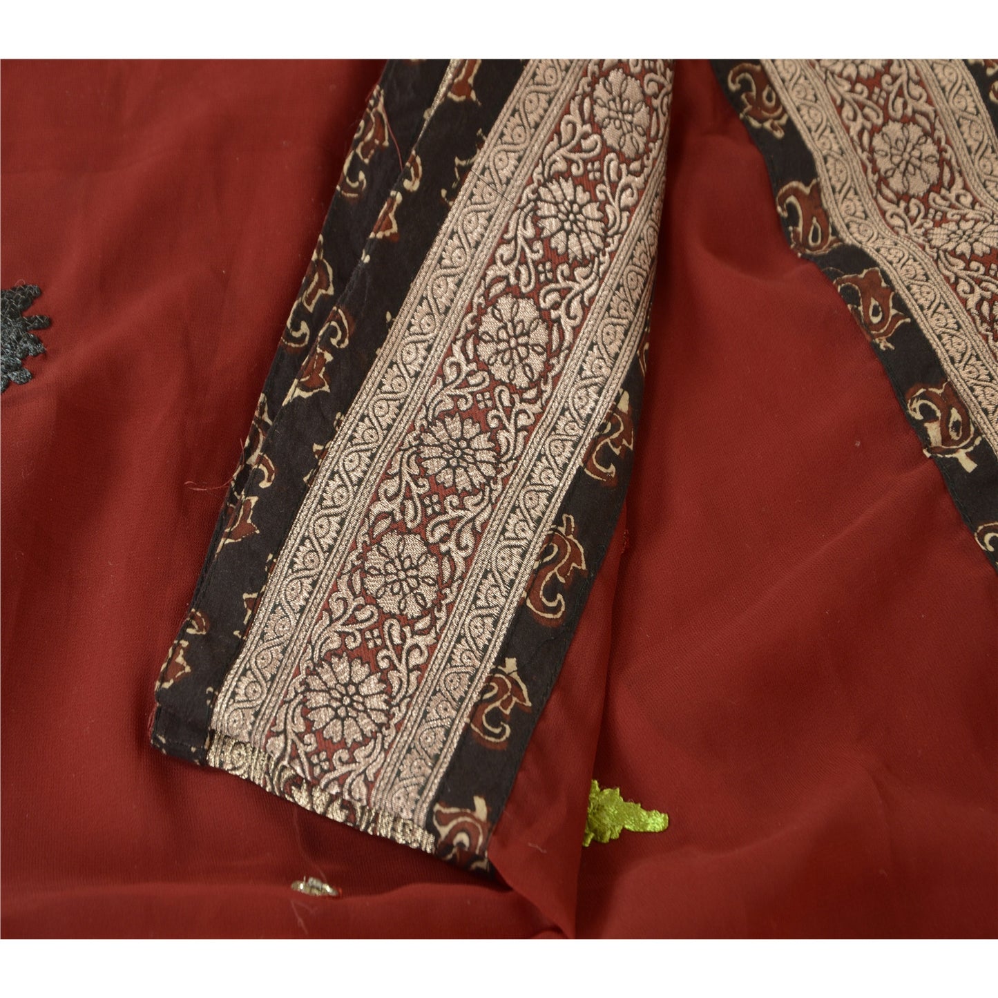 Sanskriti Vintage Dupatta Long Stole Georgette Dark Red Veil Hand Beaded Scarves