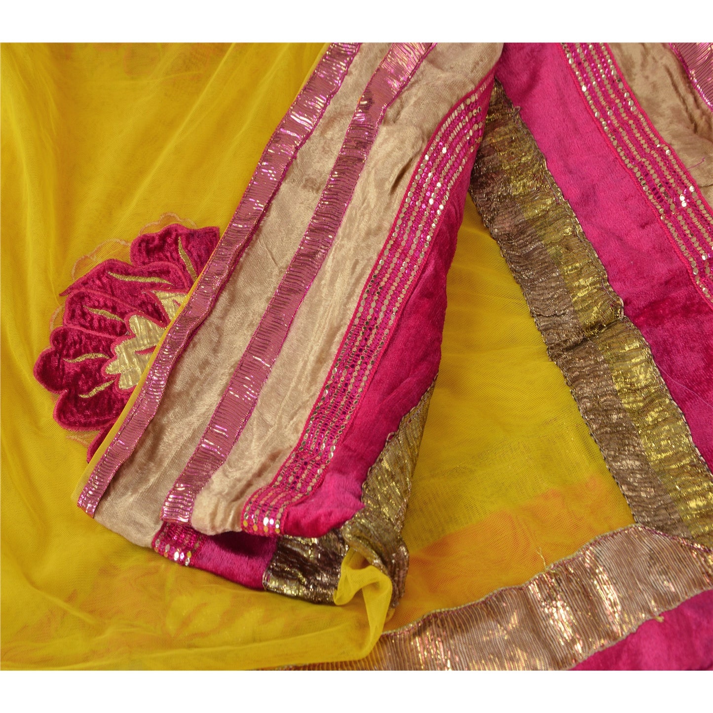 Sanskriti Vintage Dupatta Long Stole Net Mesh Yellow Veil Embroidered Scarves