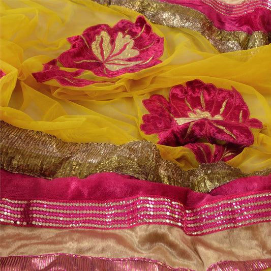 Sanskriti Vintage Dupatta Long Stole Net Mesh Yellow Veil Embroidered Scarves