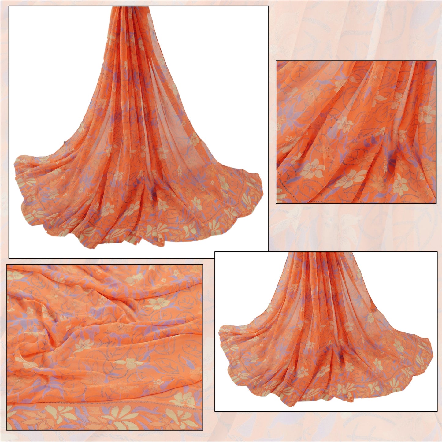 Sanskriti Vintage Dupatta Long Stole Georgette Orange Hijab Printed Wrap Veil