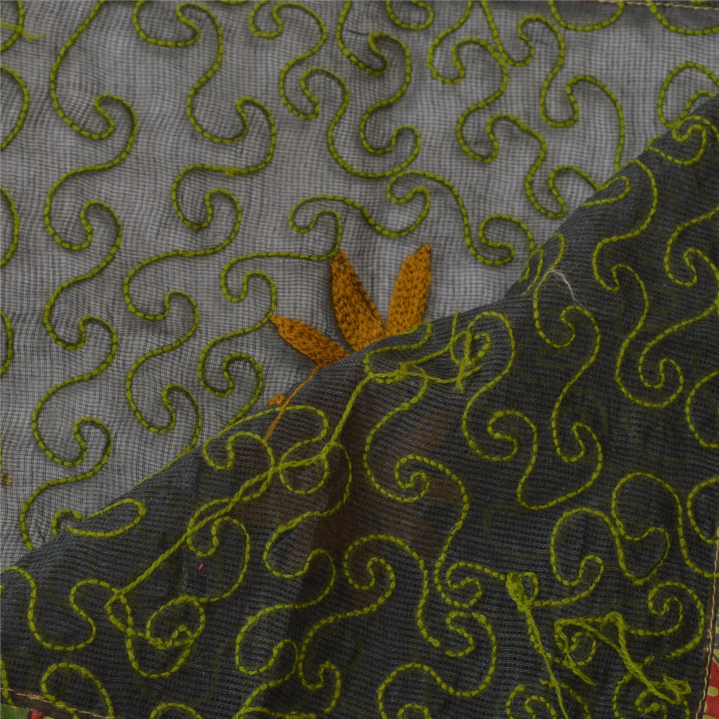 Sanskriti Vintage Dupatta Long Stole Cotton Green Veil Hand Embroidered Wrap Scarves