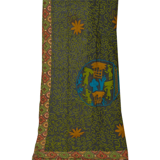 Sanskriti Vintage Dupatta Long Scarf Cotton Kota Green Hand Embroidered Scarves India Upcycled Remnant Fabric, Neck Shawl Craft Supplie