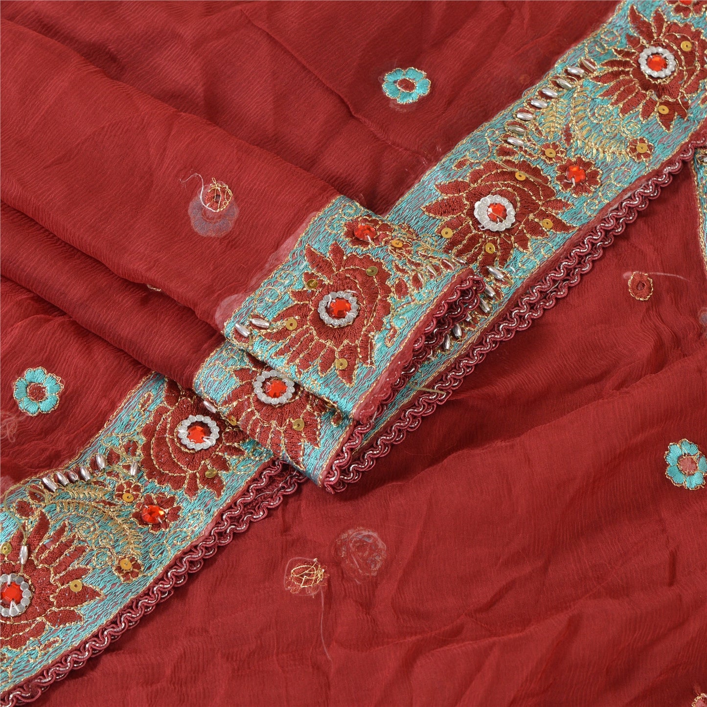 Sanskriti Vintage Dupatta Long Stole Georgette Dark Red Shawl Hand Beaded Veil