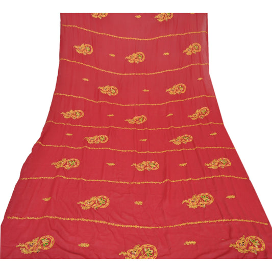 Sanskriti Vintage Dark Pink Dupatta Long Scarf Georgette Hand Beaded Wrap Veil Add-Elegance to Table Linen, Curtains, or Cushions