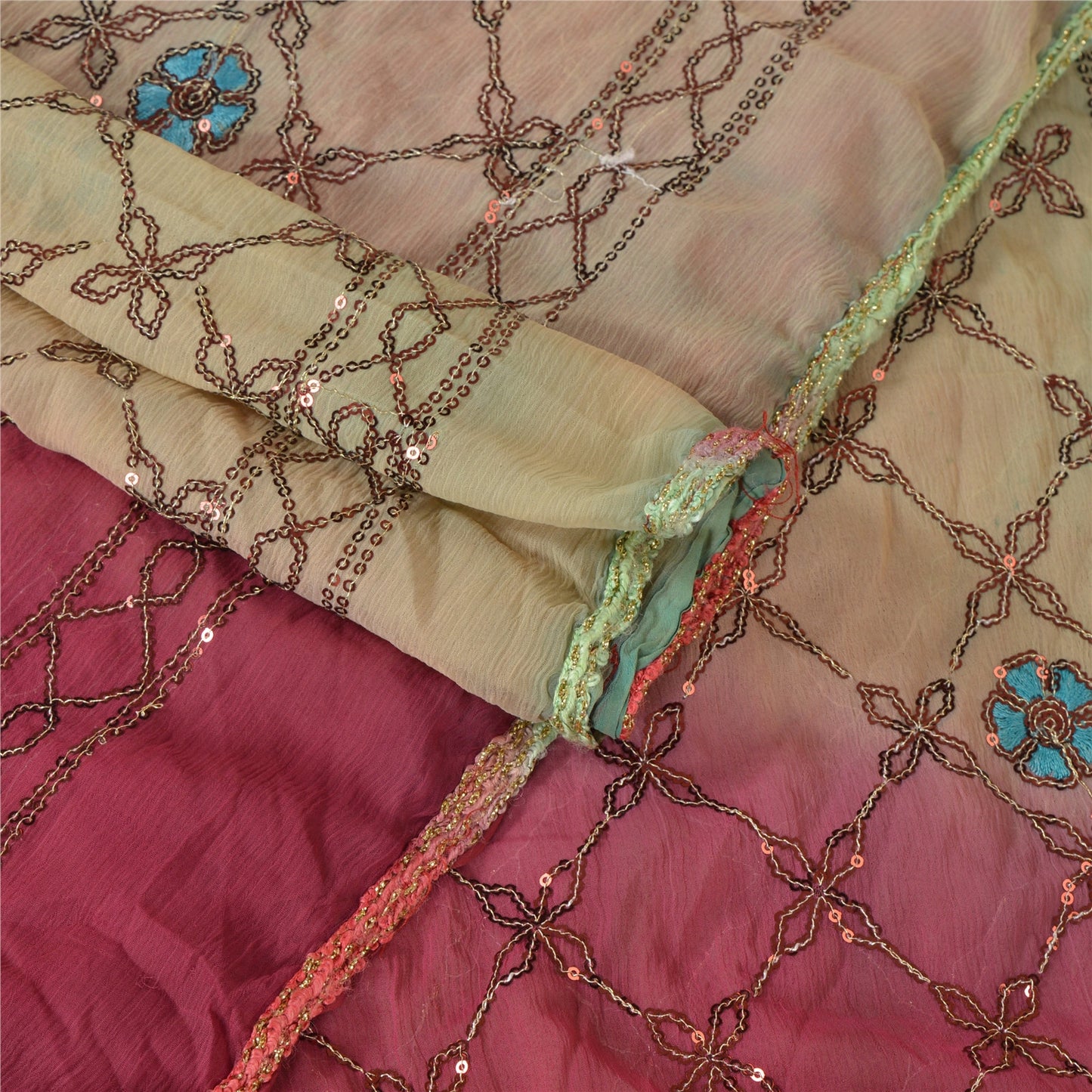Sanskriti Vintage Dupatta Long Stole Chiffon Silk Pink Embroidered Wrap Shawl
