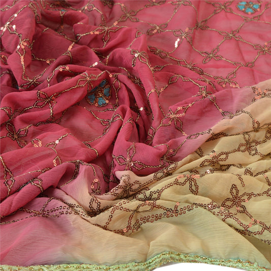 Sanskriti Vintage Dupatta Long Stole Chiffon Silk Pink Embroidered Wrap Shawl