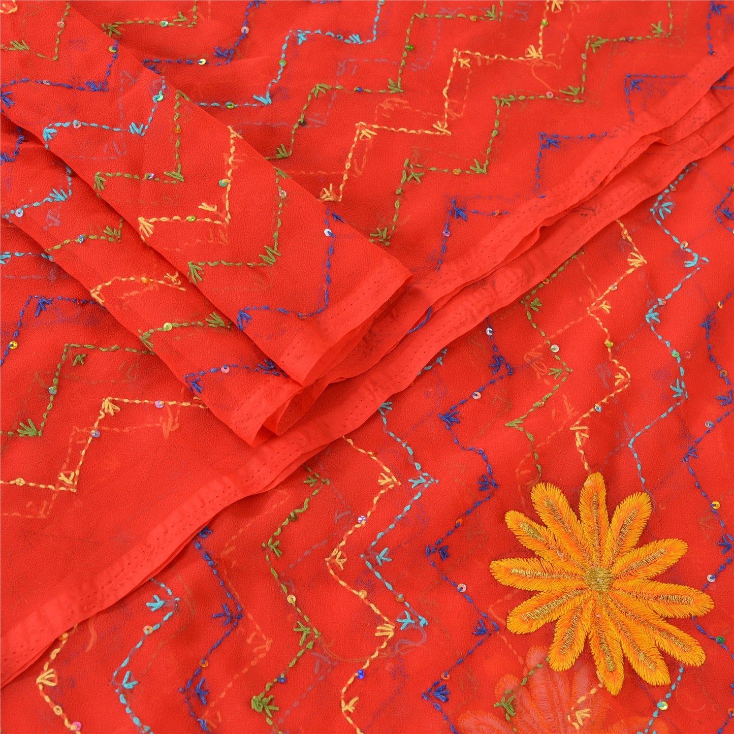 Sanskriti Vintage Dupatta Long Stole Georgette Red Hand Beaded Wrap Scarves