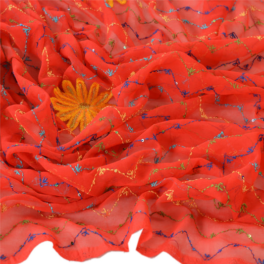 Sanskriti Vintage Dupatta Long Stole Georgette Red Hand Beaded Wrap Scarves