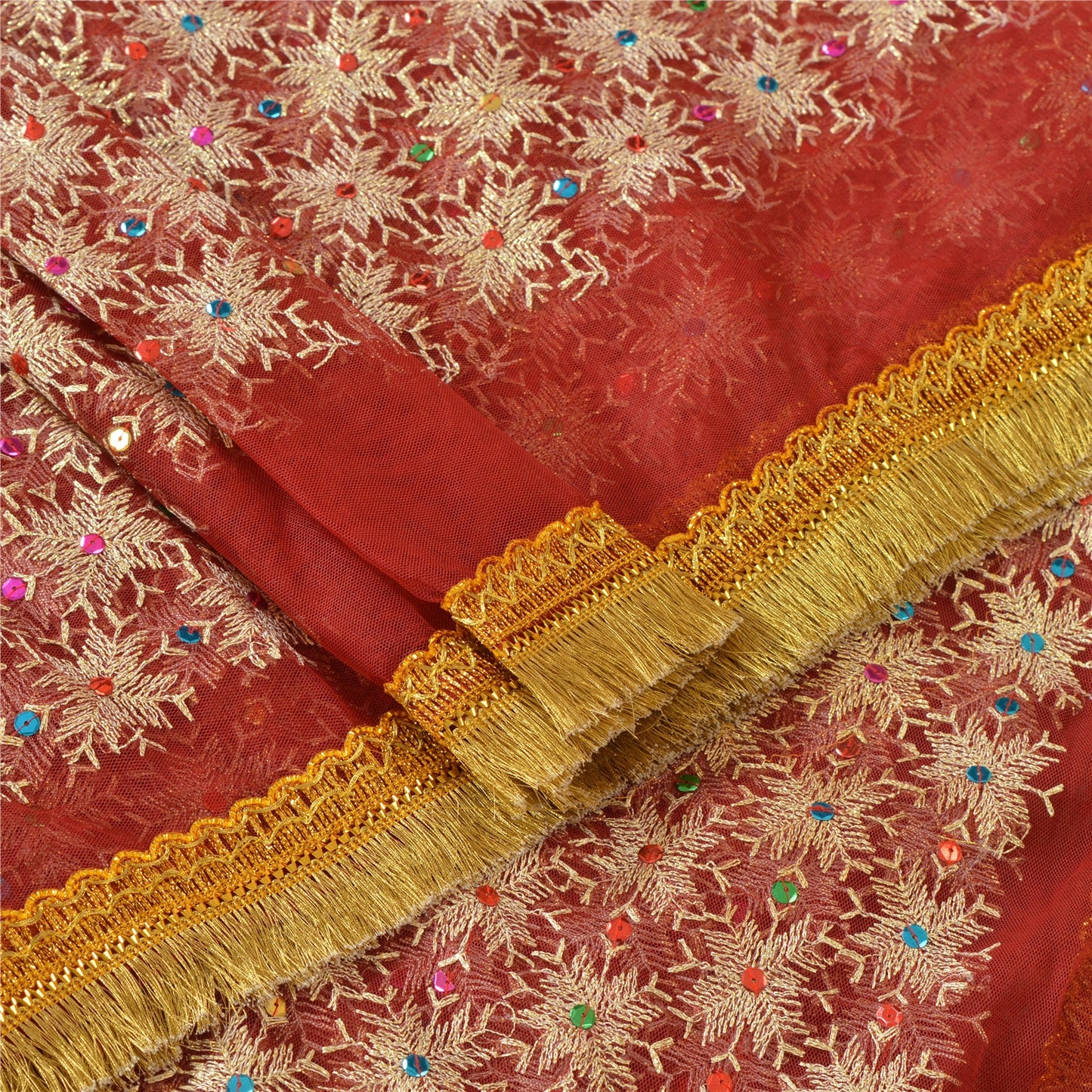 Sanskriti Vintage Dupatta Long Stole Net Mesh Dark Red Veil Hand Beaded Scarves