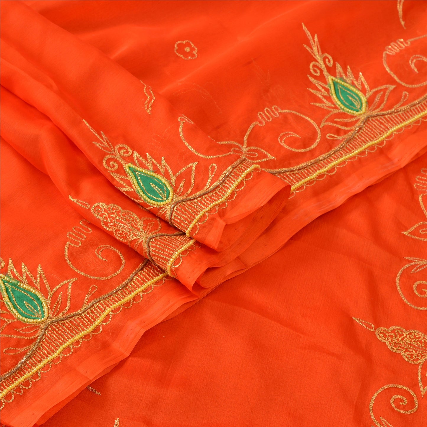 Sanskriti Vintage Dupatta Long Stole Georgette Orange Shawl Hand Beaded Scarves