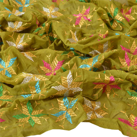 Sanskriti Vintage Dupatta Long Stole OOAK Green Embroidered Hijab Bagh Phulkari Shawl