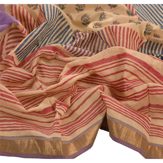 Sanskriti Vintage Dupatta Long Stole Cotton Cream Shawl Printed Wrap Scarves