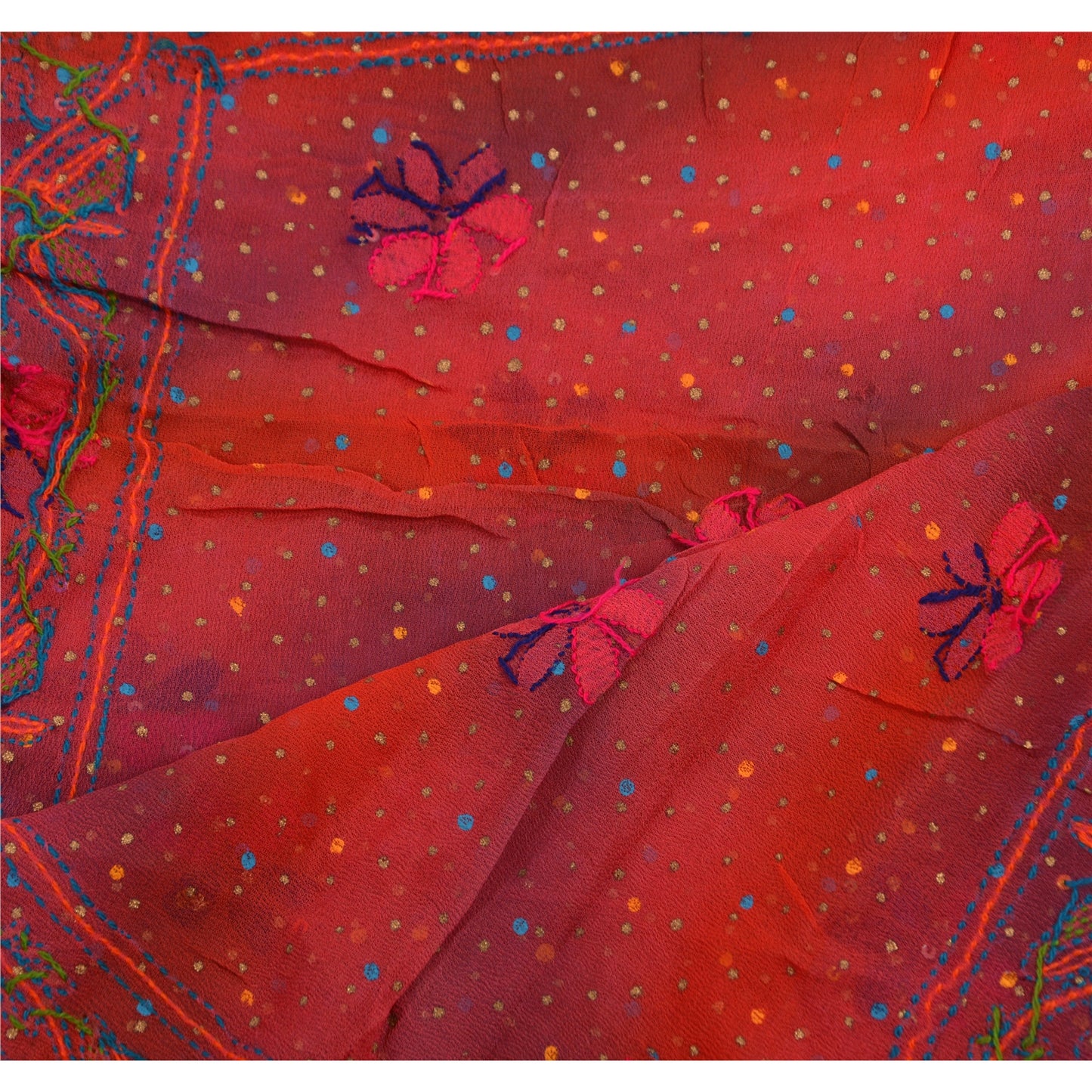 Sanskriti Vintage Dupatta Long Stole OOAK Red Hijab Hand Embroidered Phulkari Wrap Shawl