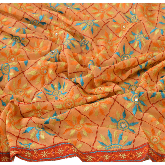 Sanskriti Vintage Dupatta Long Stole Georgette Peach Shawl Embroidered Scarves