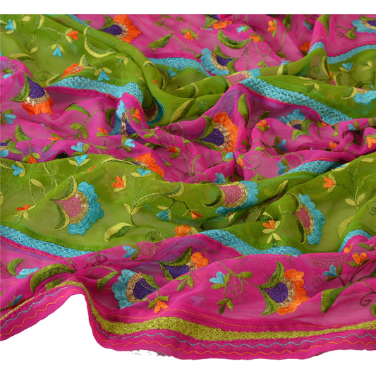 Sanskriti Vintage Dupatta Long Stole Georgette Green Shawl Embroidered Scarves