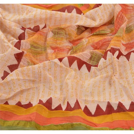 Sanskriti Vintage Dupatta Long Stole Pure Chanderi Silk Cream Printed Scarves