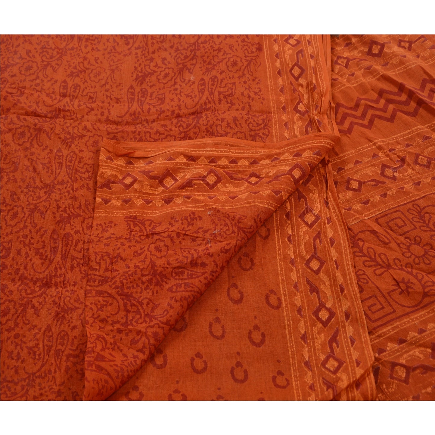 Sanskriti Vintage Dupatta Long Stole Cotton Orange Hijab Painted Wrap Shawl