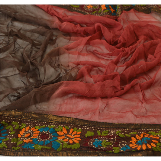 Sanskriti Vintage Dupatta Long Stole OOAK Brown Hijab Hand Embroidered Phulkari Wrap Shawl