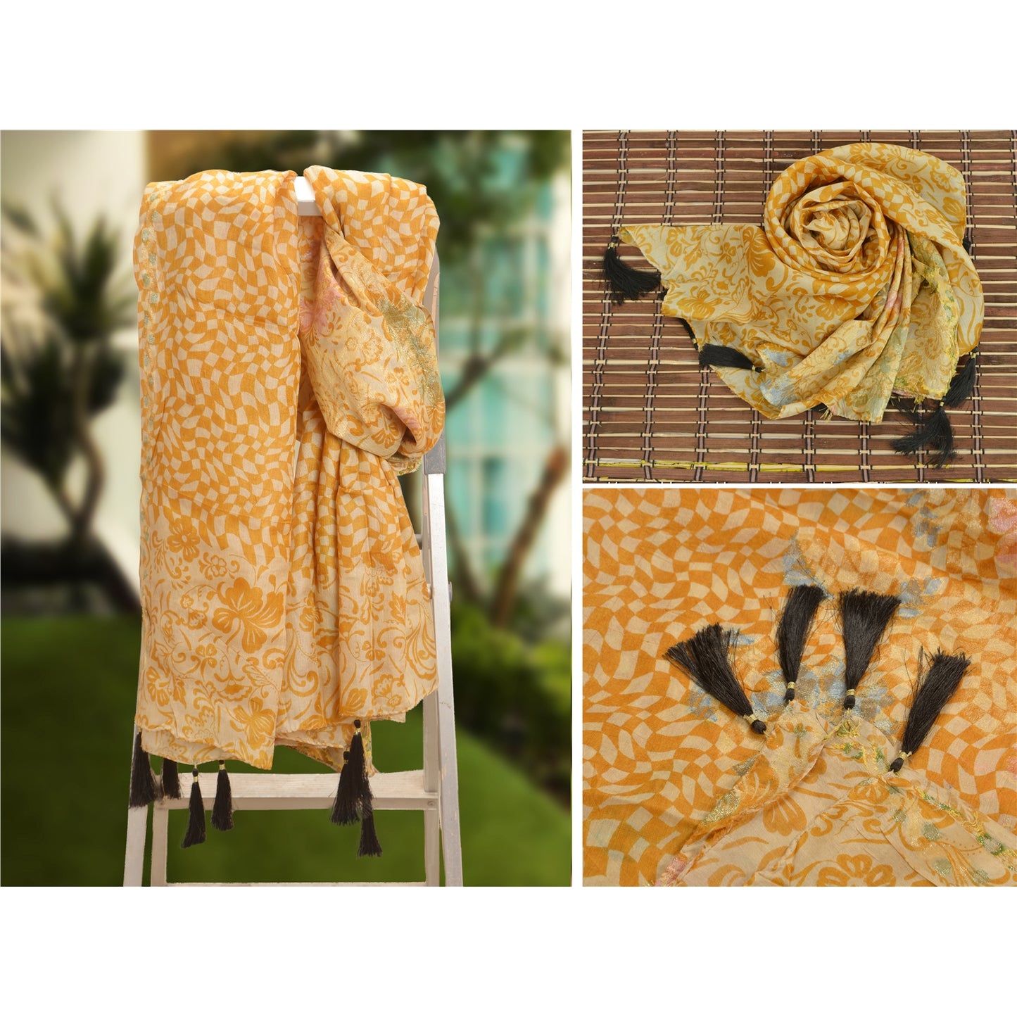 Sanskriti Vintage New Long Stole Dupatta 100% Pure Tussar Silk Cream Printed Scarves