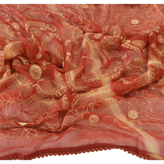 Sanskriti Vintage Dupatta Long Stole Chiffon Silk Rusty Orange Hand Beaded Veil