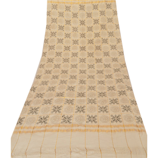 Sanskriti Vintage Dupatta Long Stole Cotton Cream Hijab Block Printed Woven Wrap Shawl