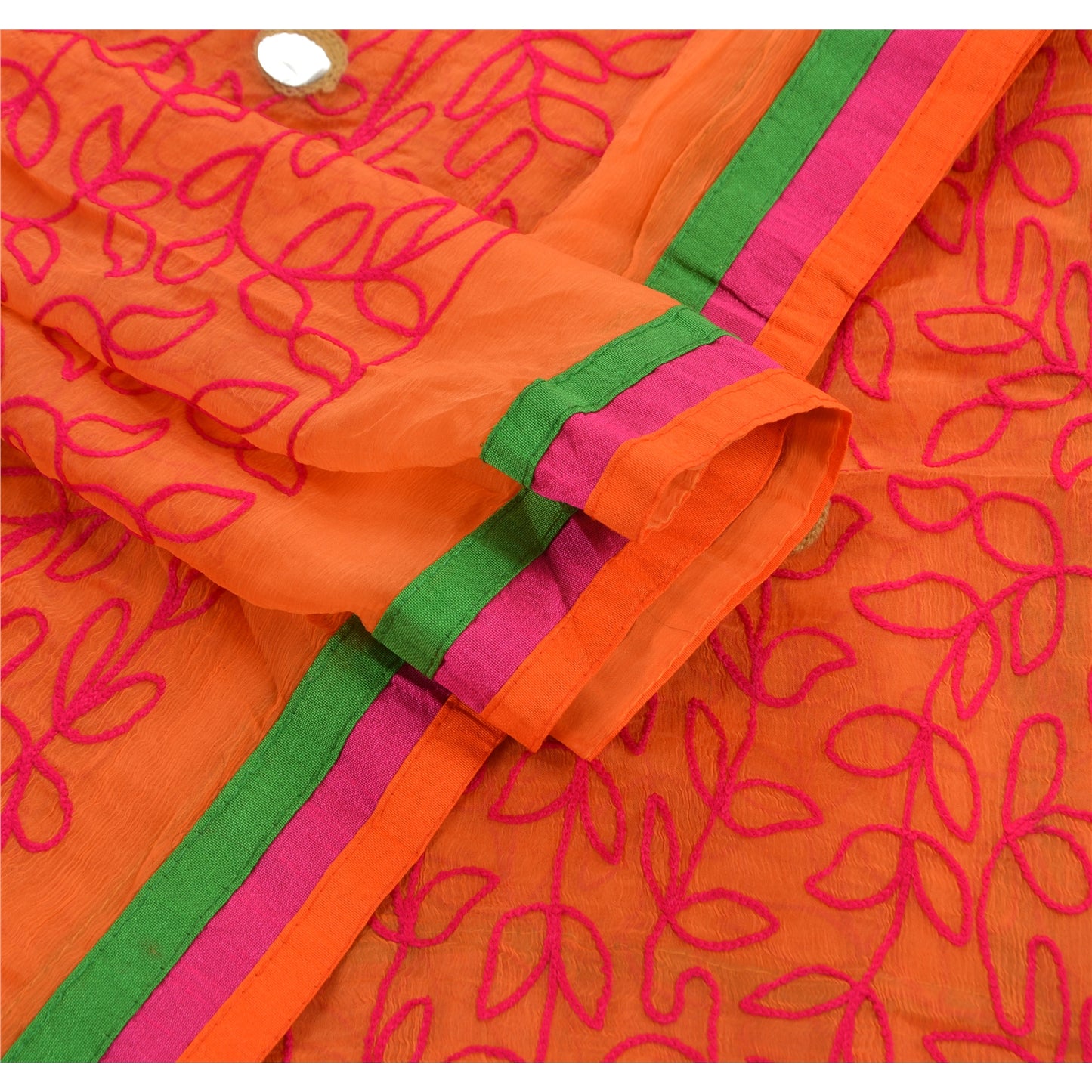 Sanskriti Vintage Dupatta Long Stole Chiffon Silk Orange Hand Embroidered Shawl