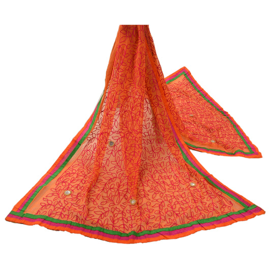 Sanskriti Vintage Dupatta Long Stole Chiffon Silk Orange Hand Embroidered Shawl