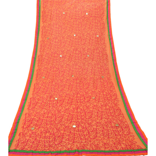 Sanskriti Vintage Dupatta Long Stole Chiffon Silk Orange Hand Embroidered Shawl