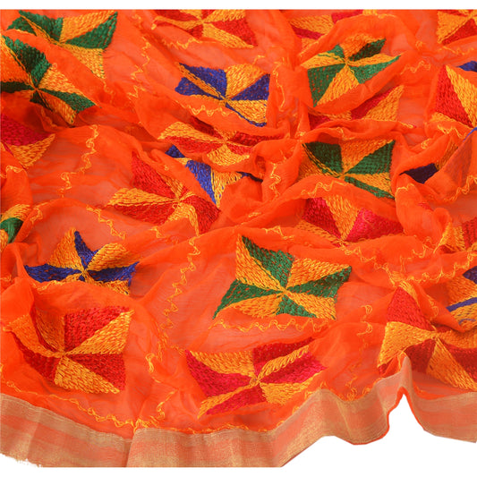Sanskriti Vintage Dupatta Long Stole OOAK Orange Embroidered Hijab Bagh Phulkari Shawl